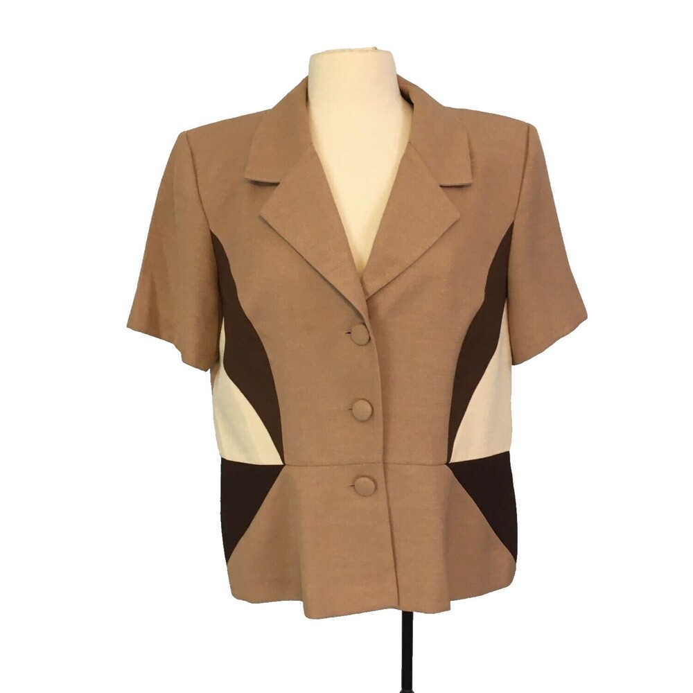 Koret Womens Tan Brown Cream Color Block Top, Blouse, sz 14, 42 Bust